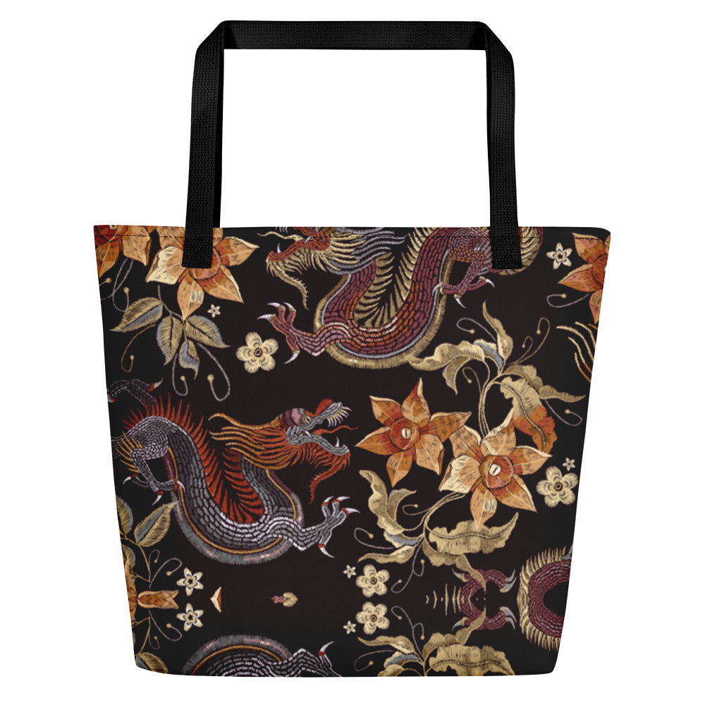 Lotus Dragon Large Tote Bag W/ Inside Pocket