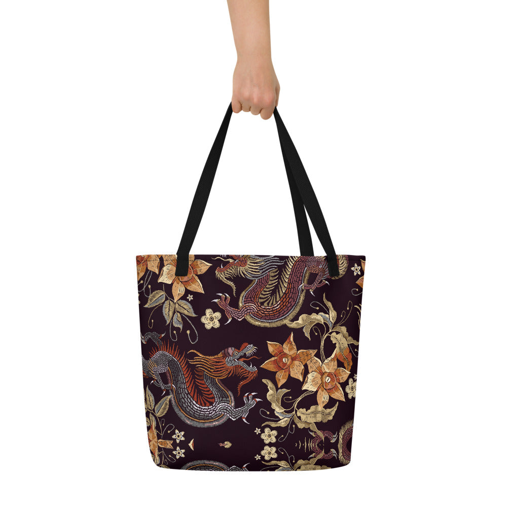 Lotus Dragon Large Tote Bag W/ Inside Pocket