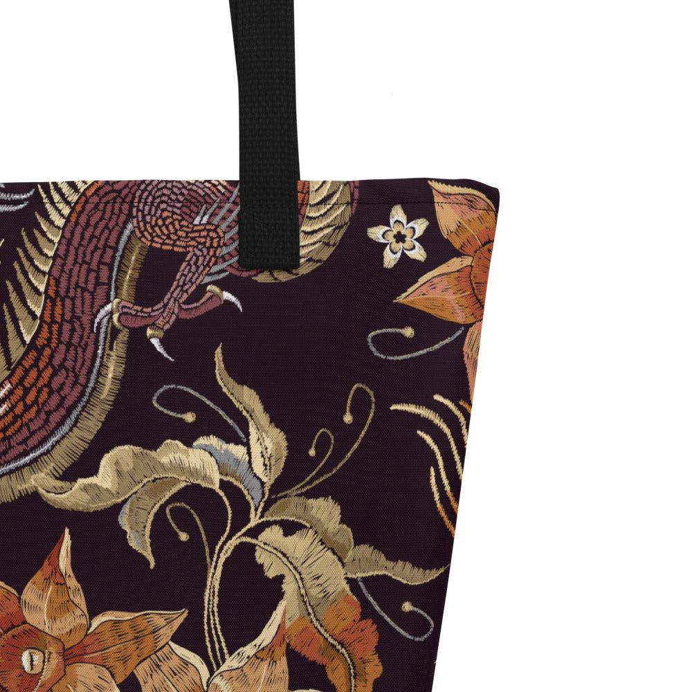 Lotus Dragon Large Tote Bag W/ Inside Pocket