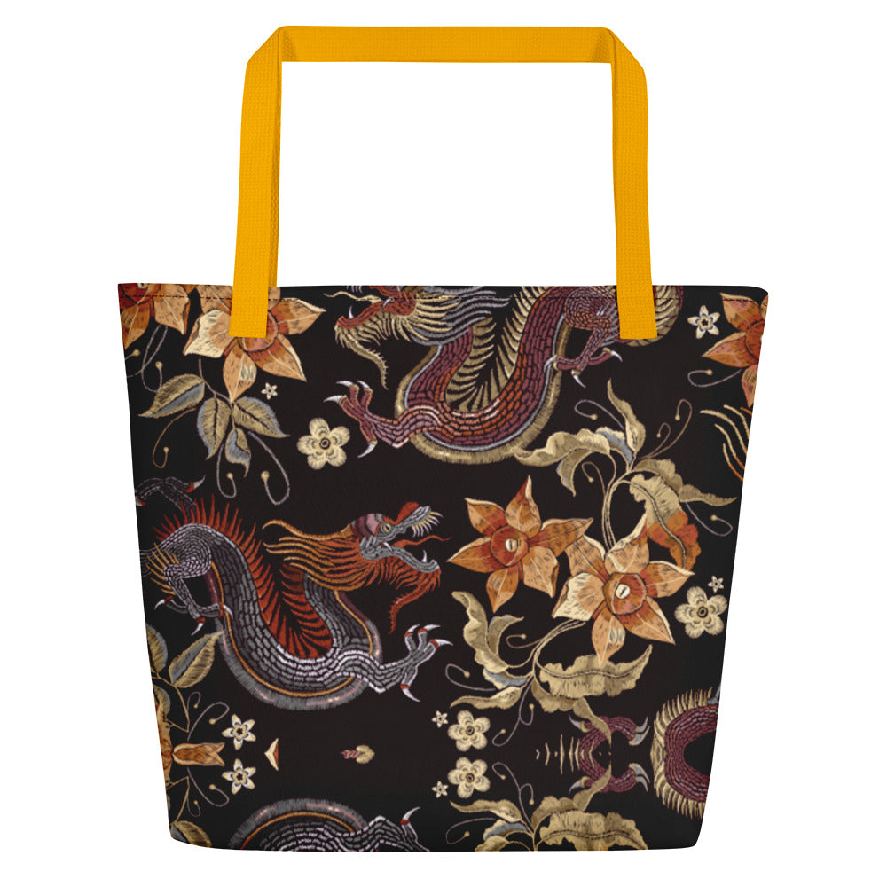 Lotus Dragon Large Tote Bag W/ Inside Pocket